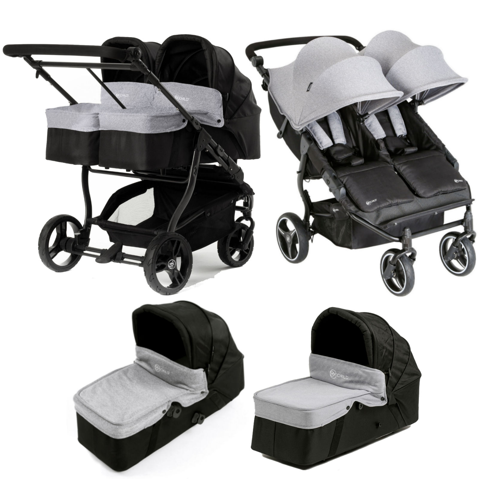My Child Easy Twin 3.0 Slimline Double Stroller (65cm) & 2 Carrycots - Grey