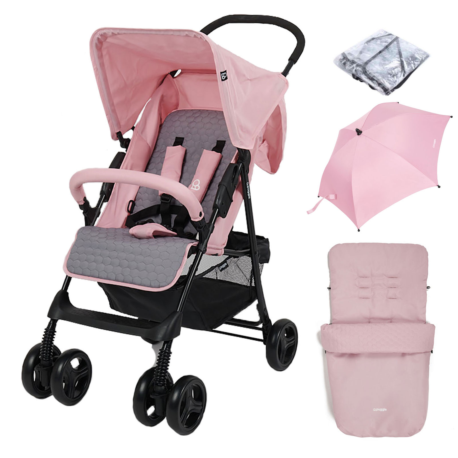 Puggle Holiday Luxe Pushchair Stroller with Raincover, Universal Footmuff and Parasol – Vintage Pink
