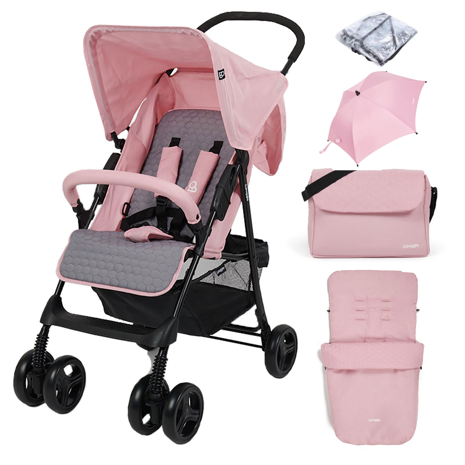 Puggle Holiday Luxe Pushchair Stroller with Raincover, Universal Footmuff, Parasol, Changing Bag and Mat - Vintage Pink