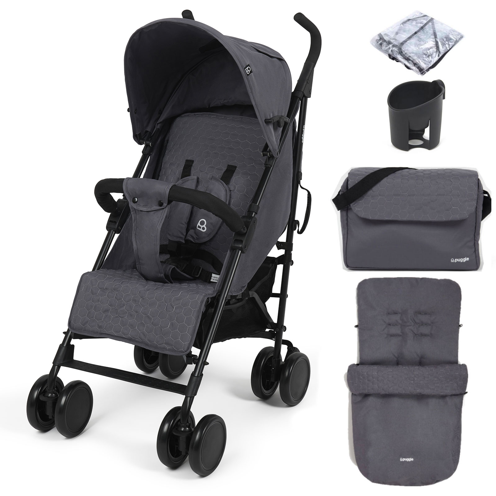 Puggle Litemax Pushchair Stroller with Raincover, Cupholder, Universal Footmuff and Changing Bag with Mat - Slate Grey