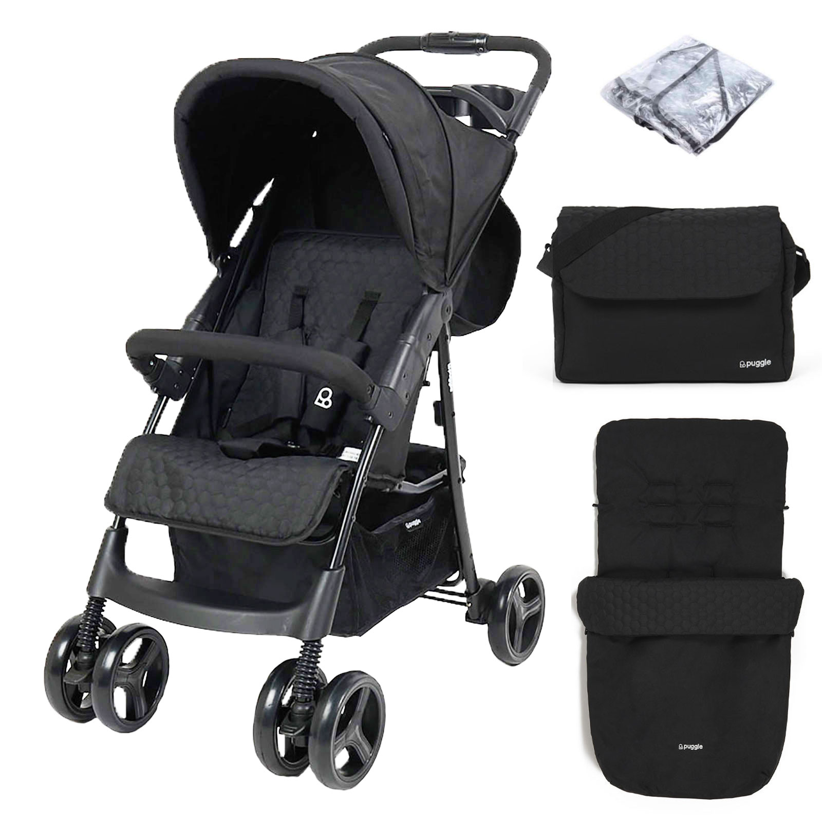 Puggle Starmax Pushchair Stroller with Raincover, Universal Footmuff and Changing Bag with Mat – Storm Black