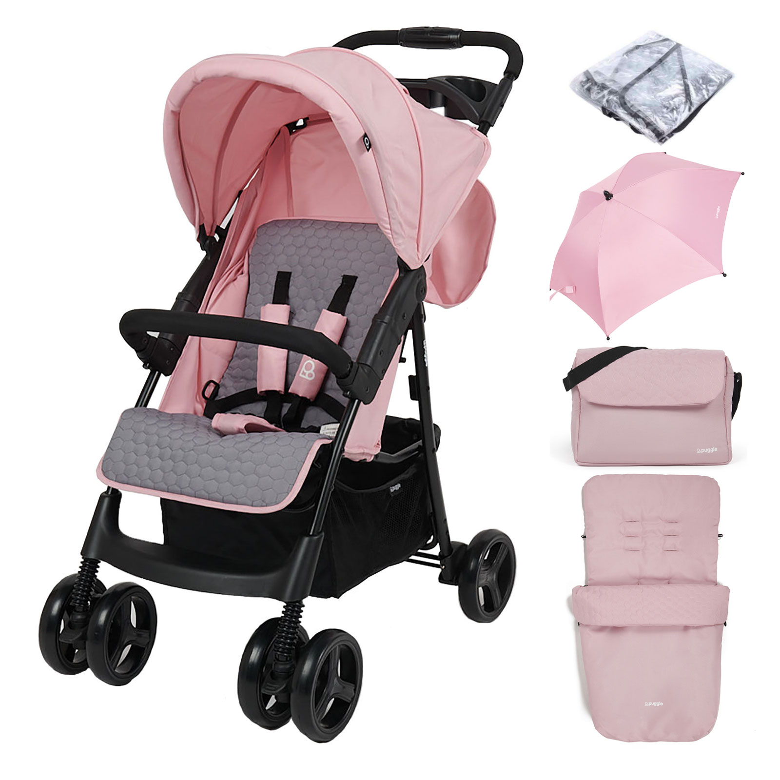 Puggle Starmax Pushchair Stroller with Raincover, Universal Footmuff, Parasol and Changing Bag with Mat – Vintage Pink