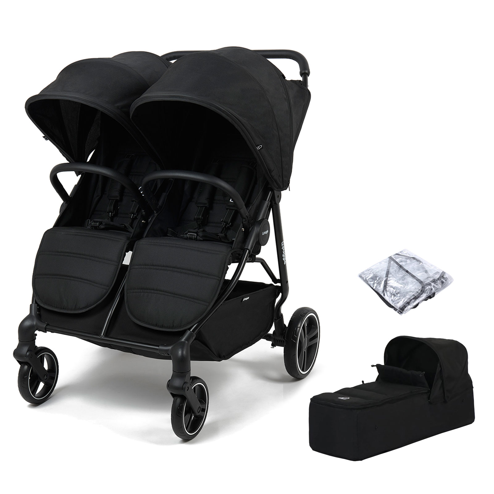 Puggle Urban City Easyfold Twin Double Pushchair With Soft Carrycot - Storm Black