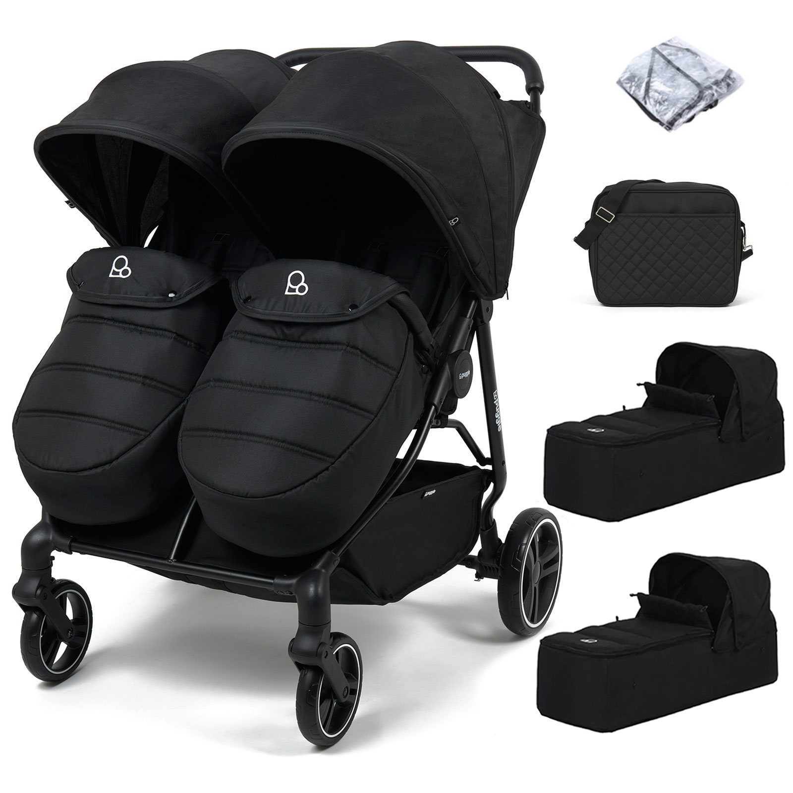 Puggle Urban City Easyfold Twin Pushchair with Footmuffs, 2 Carrycots & Changing Bag - Storm Black