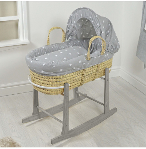 4baby Deluxe Palm Moses Basket & Grey Rocking Stand - Grey / White Stars