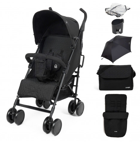 Puggle Litemax Pushchair Stroller with Raincover, Cupholder, Universal Footmuff, Parasol and Changing Bag with Mat - Storm Black