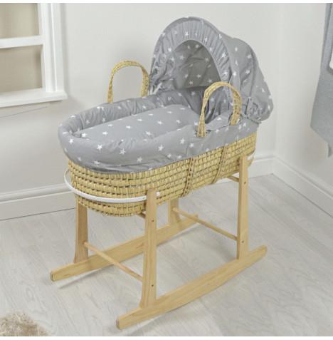 4baby Deluxe Palm Moses Basket with Natural Rocking Stand - Grey / White Stars