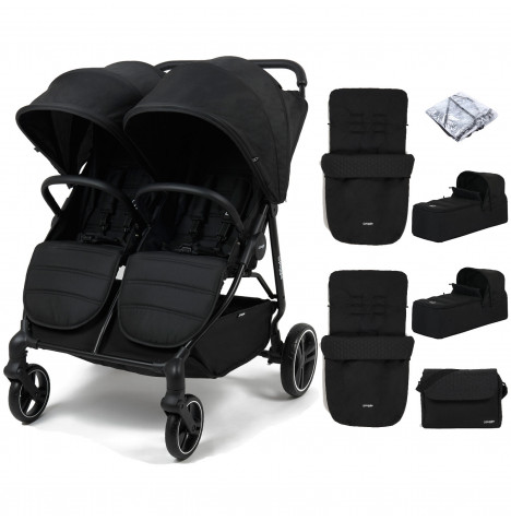 Puggle Urban City Easyfold Twin Pushchair with 2 Carrycots, 2 Footmuffs, & Changing Bag – Storm Black