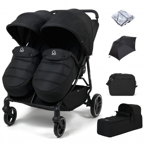 Puggle Urban City Easyfold Twin Pushchair with Footmuff, Carrycot, Parasol & Changing Bag - Storm Black