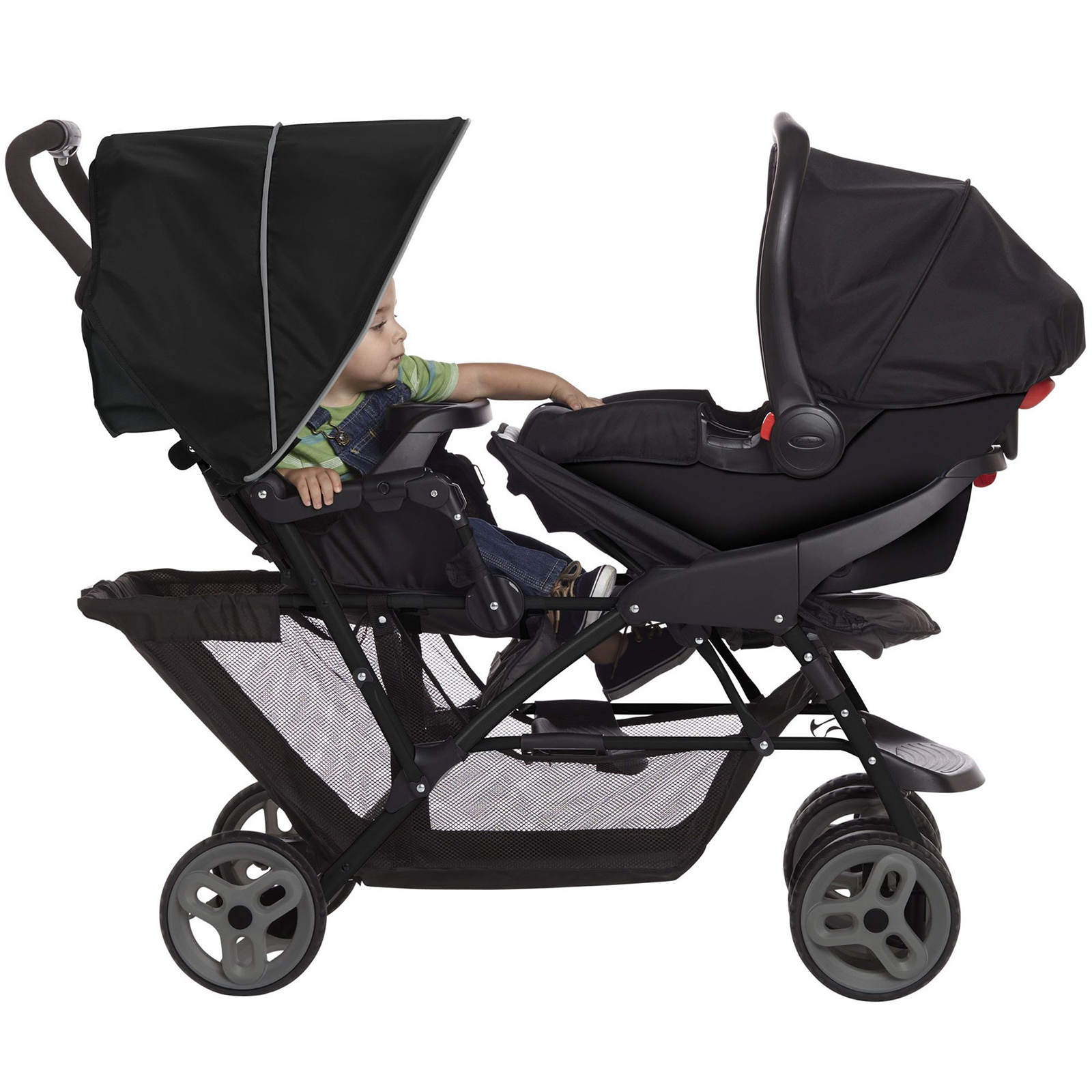 Graco Stadium Duo Double Pram Twin Travel System With 2 Snugride Car Seat Bases Black Grey