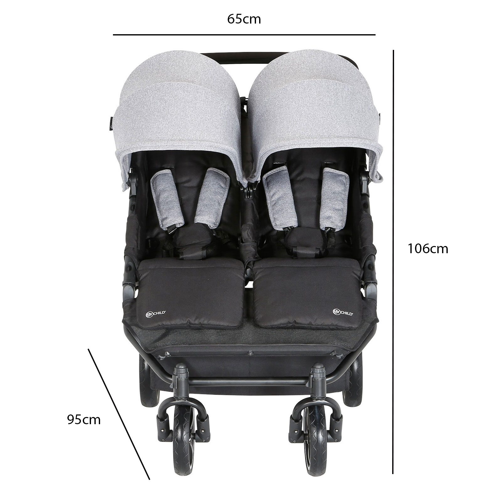 My Child Easy Twin 3.0 Slimline Double Stroller 65cm 2 Carrycots Grey