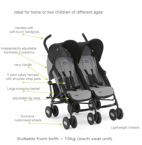 chicco echo twin pushchair-coal - features