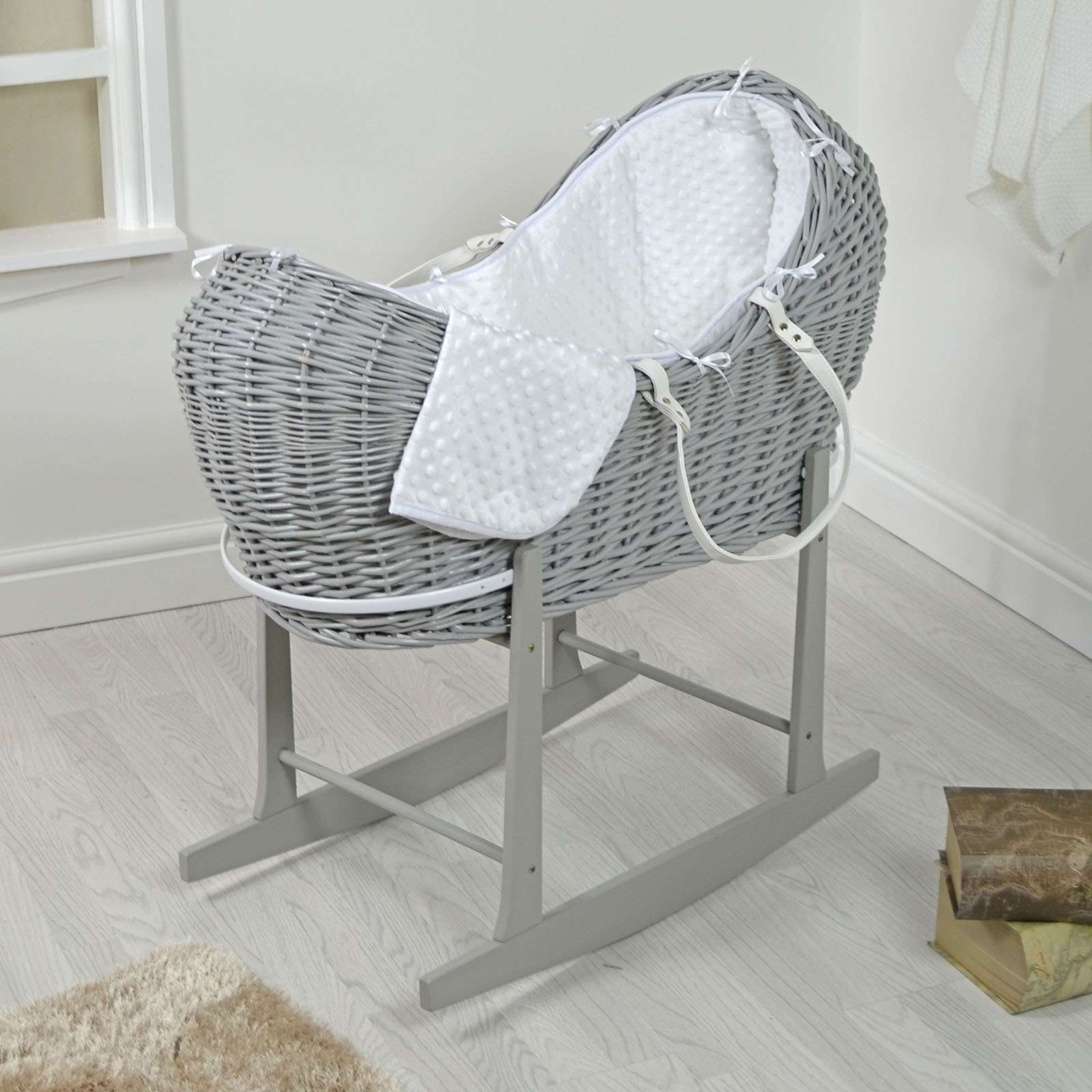 4baby Grey Wicker Sleep Pod Moses Basket & Grey Rocking Stand - White Dimple