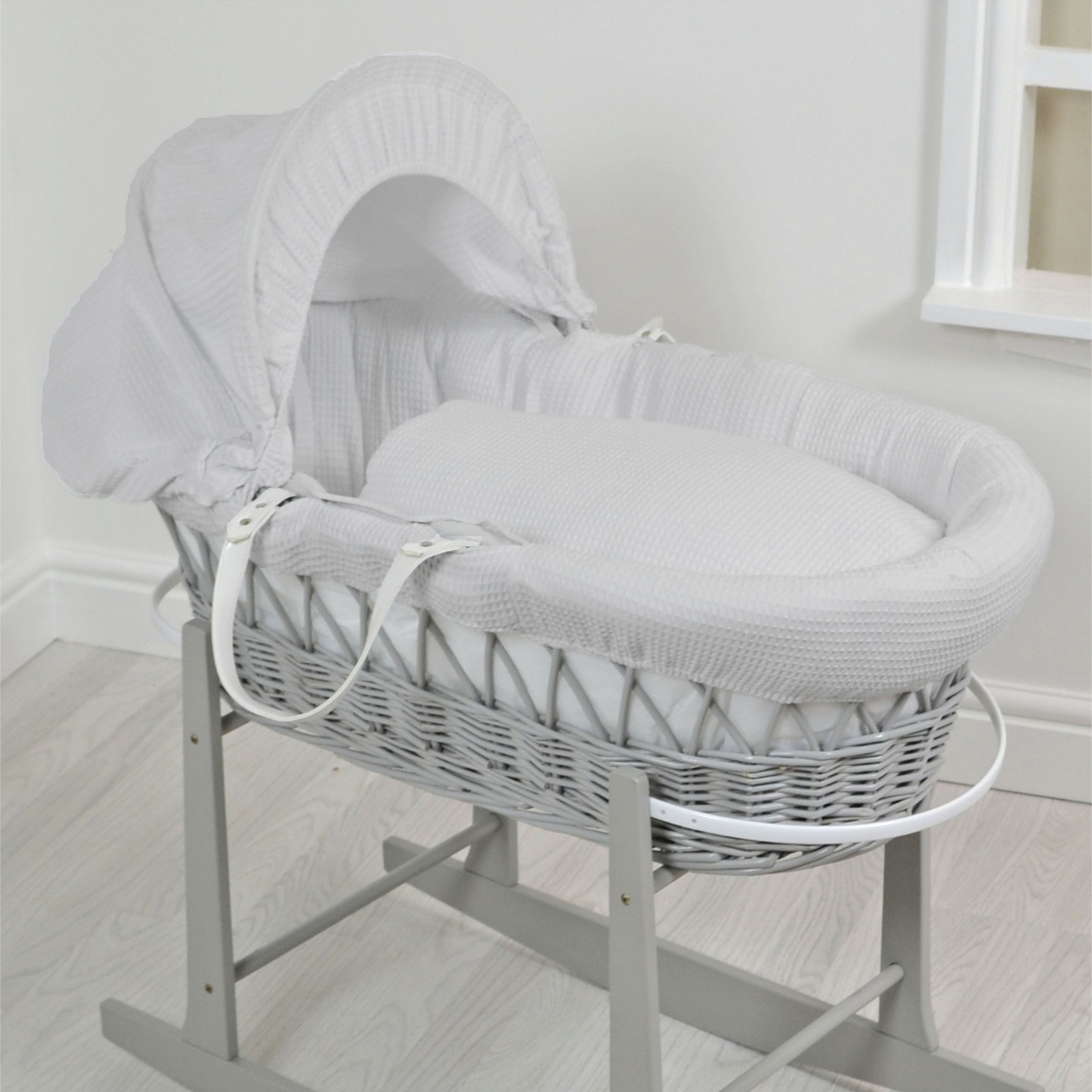 4Baby Luxury Padded Grey Wicker Baby Moses Basket - Grey Waffle