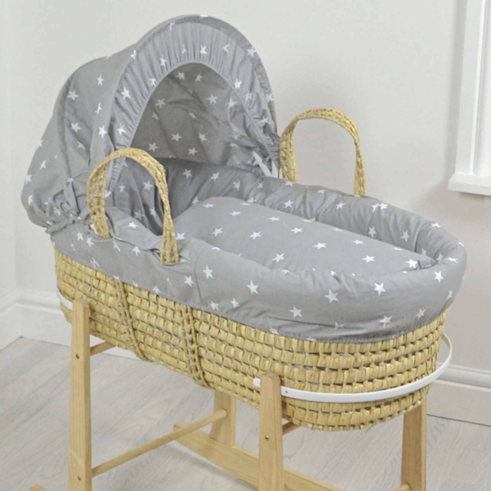 4baby Deluxe Palm Moses Basket - Grey / White Stars