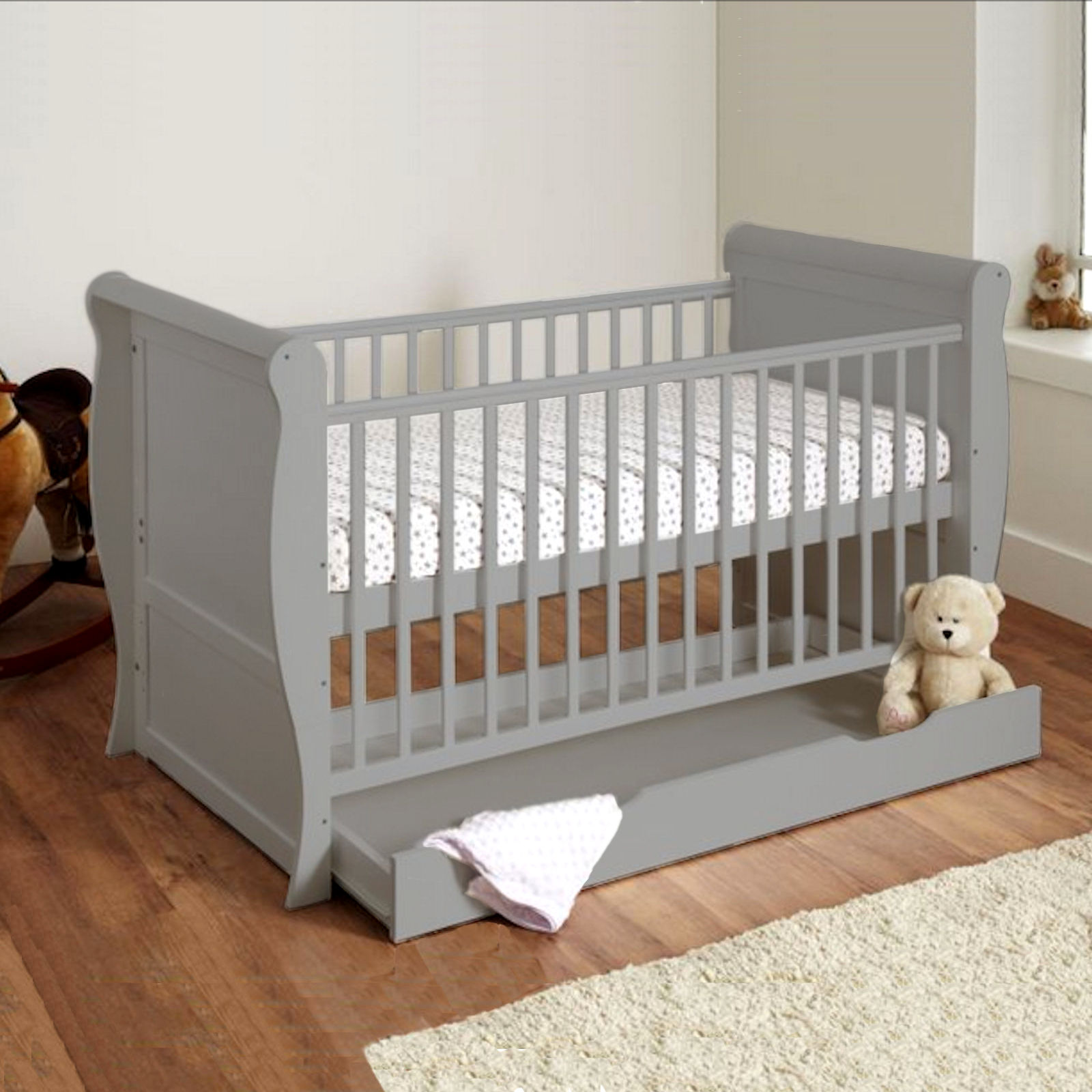 4baby Sleigh Deluxe Cot Bed With Storage Drawer Foam Mattress