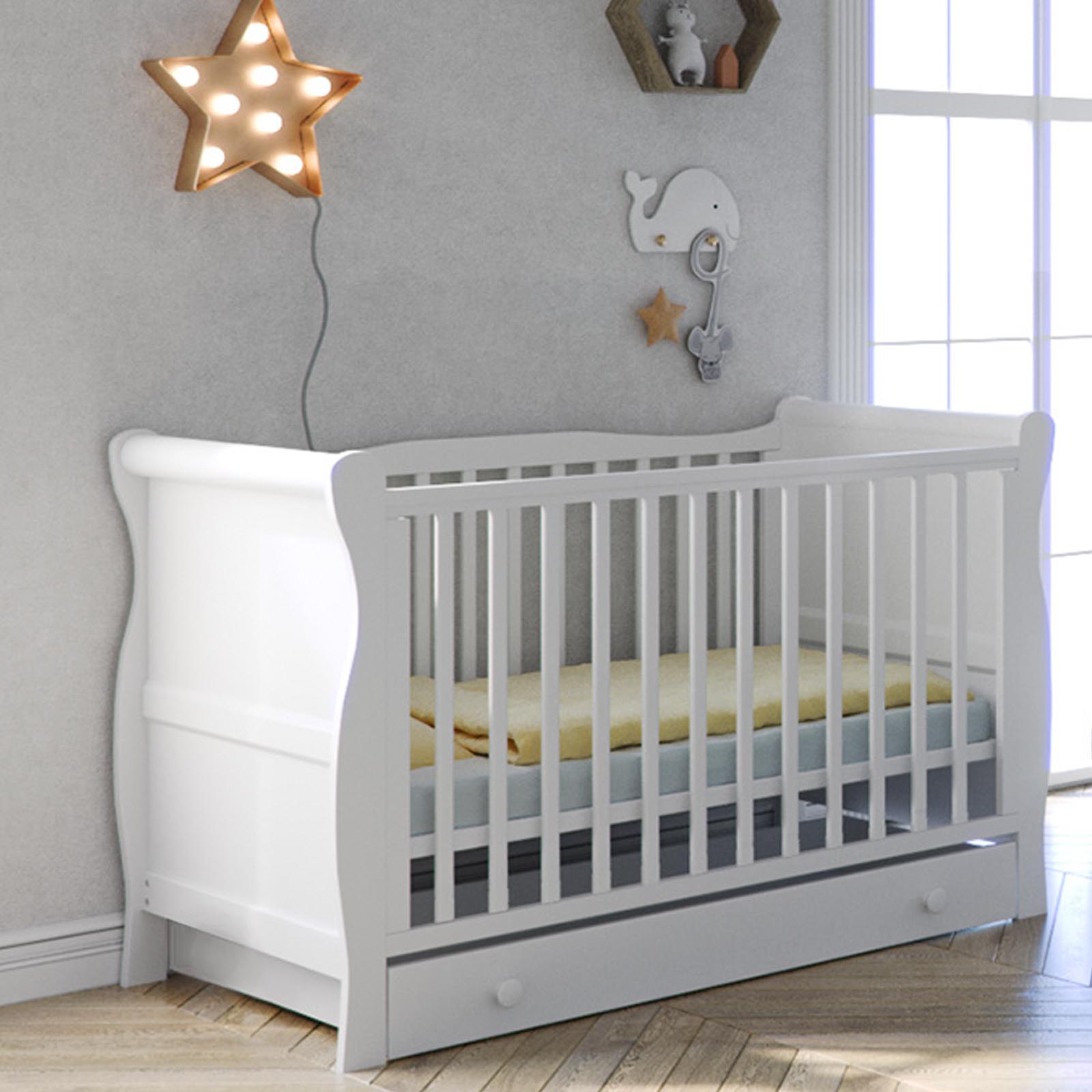 Little Acorns Sleigh Cot Bed With Drawer - White