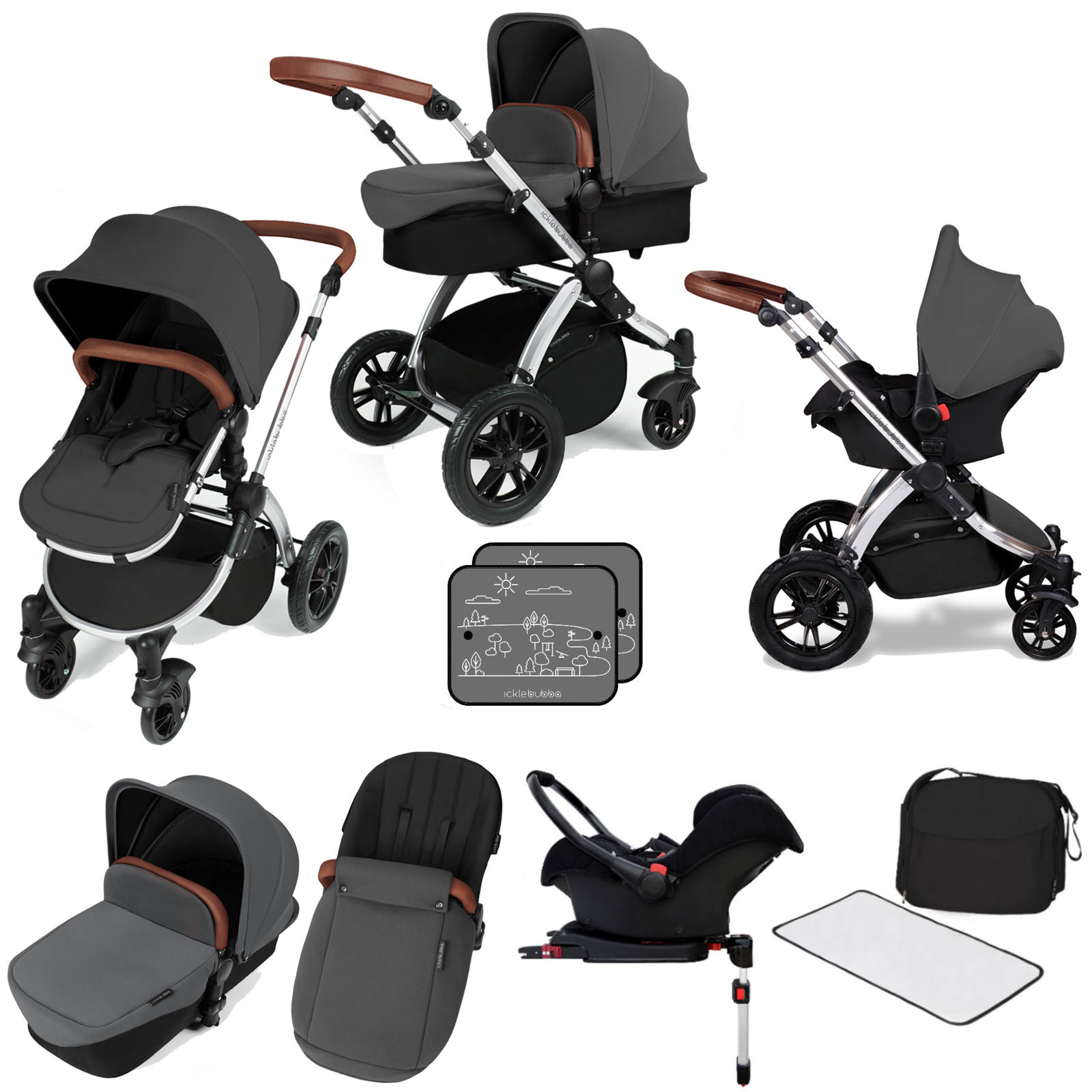 Ickle bubba Stomp V3 Silver All In One Travel System & ISOFIX Base Bundle - Graphite Grey
