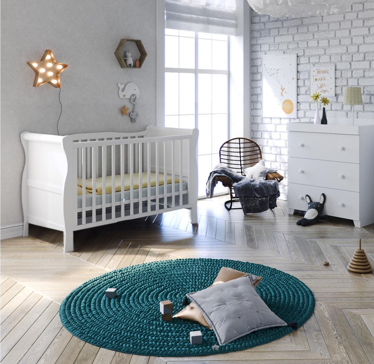Little Acorns Sleigh 4 Piece Nursery Room Set - Cot Bed With Deluxe 4inch Foam Mattress & Dresser - White