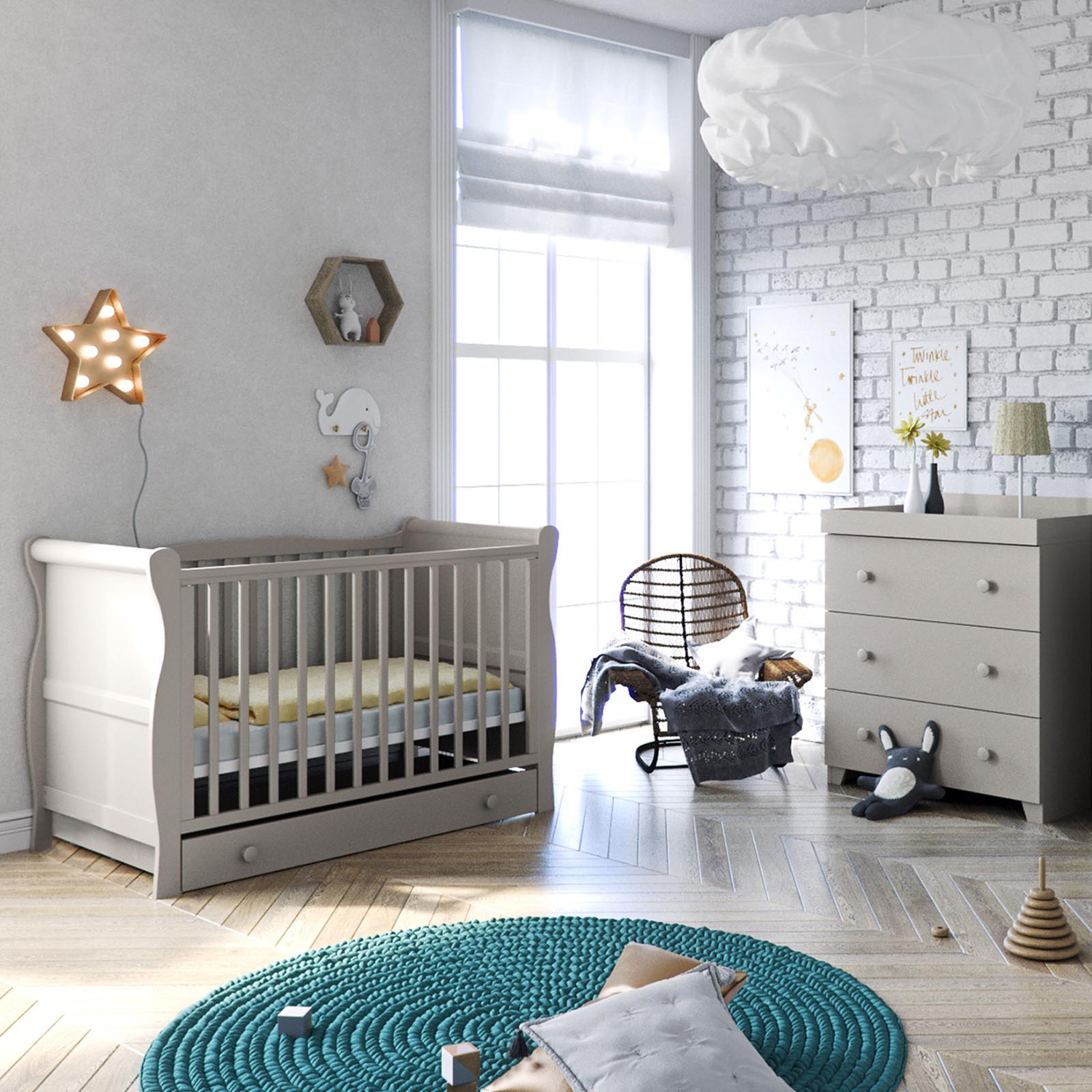 Little Acorns Sleigh Cot 5 Piece Nursery Furniture Set With Deluxe 4inch Eco Fibre Mattress - Grey