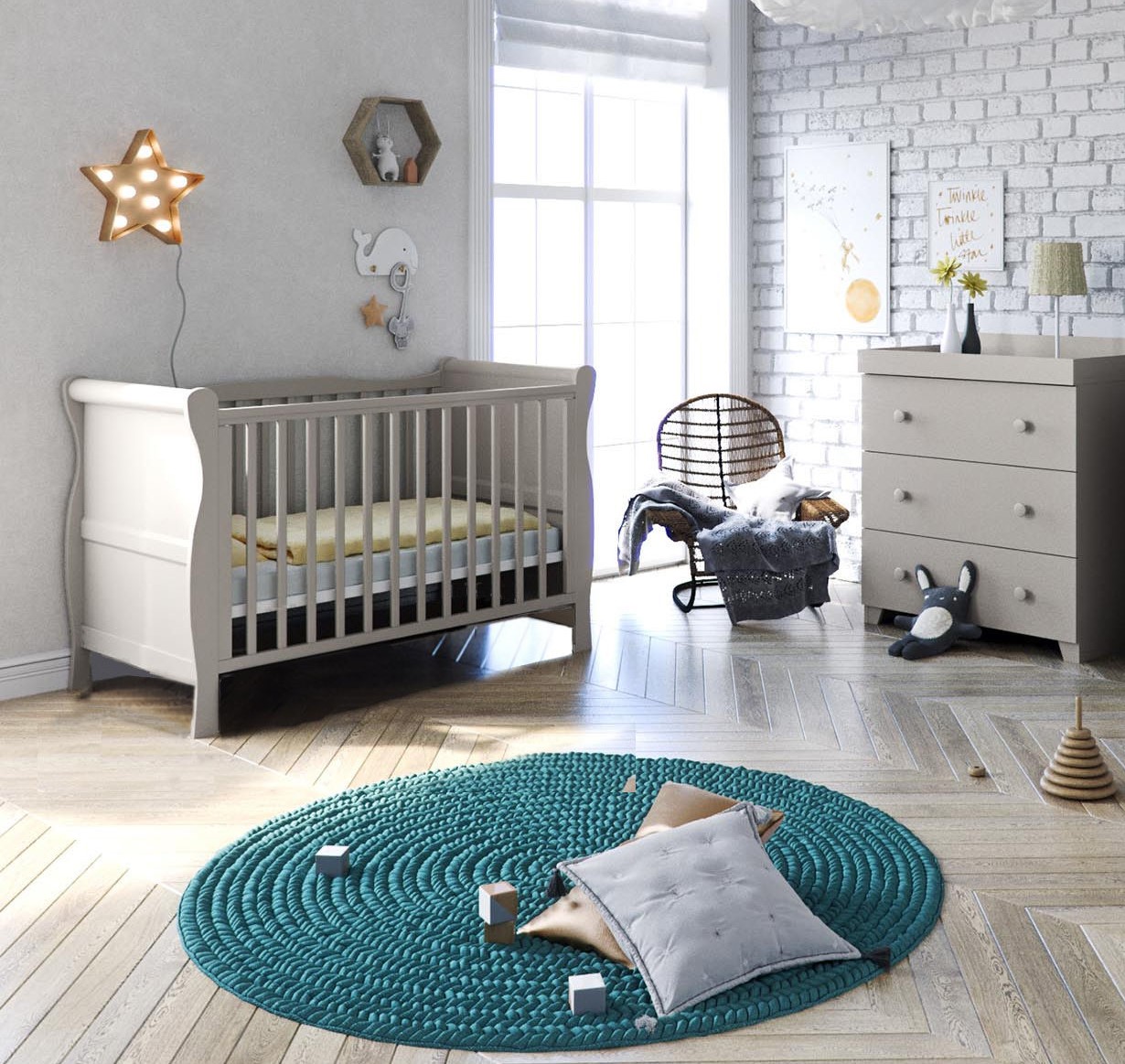 Little Acorns Sleigh 4 Piece Nursery Room Set - Cot Bed With Dresser - Grey