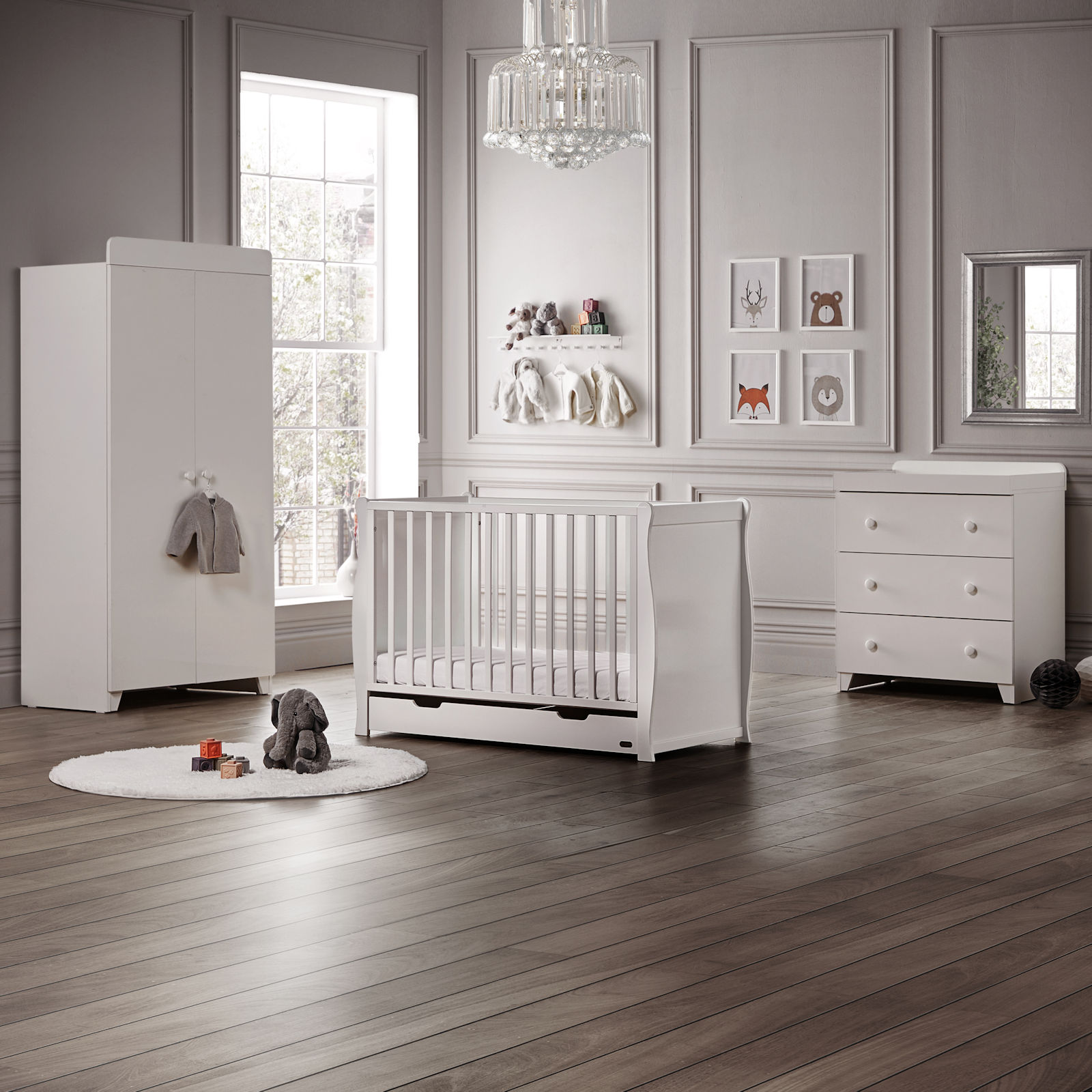 Puggle Sleigh Cot 5 Piece Nursery Furniture Set With Storage Drawer - White