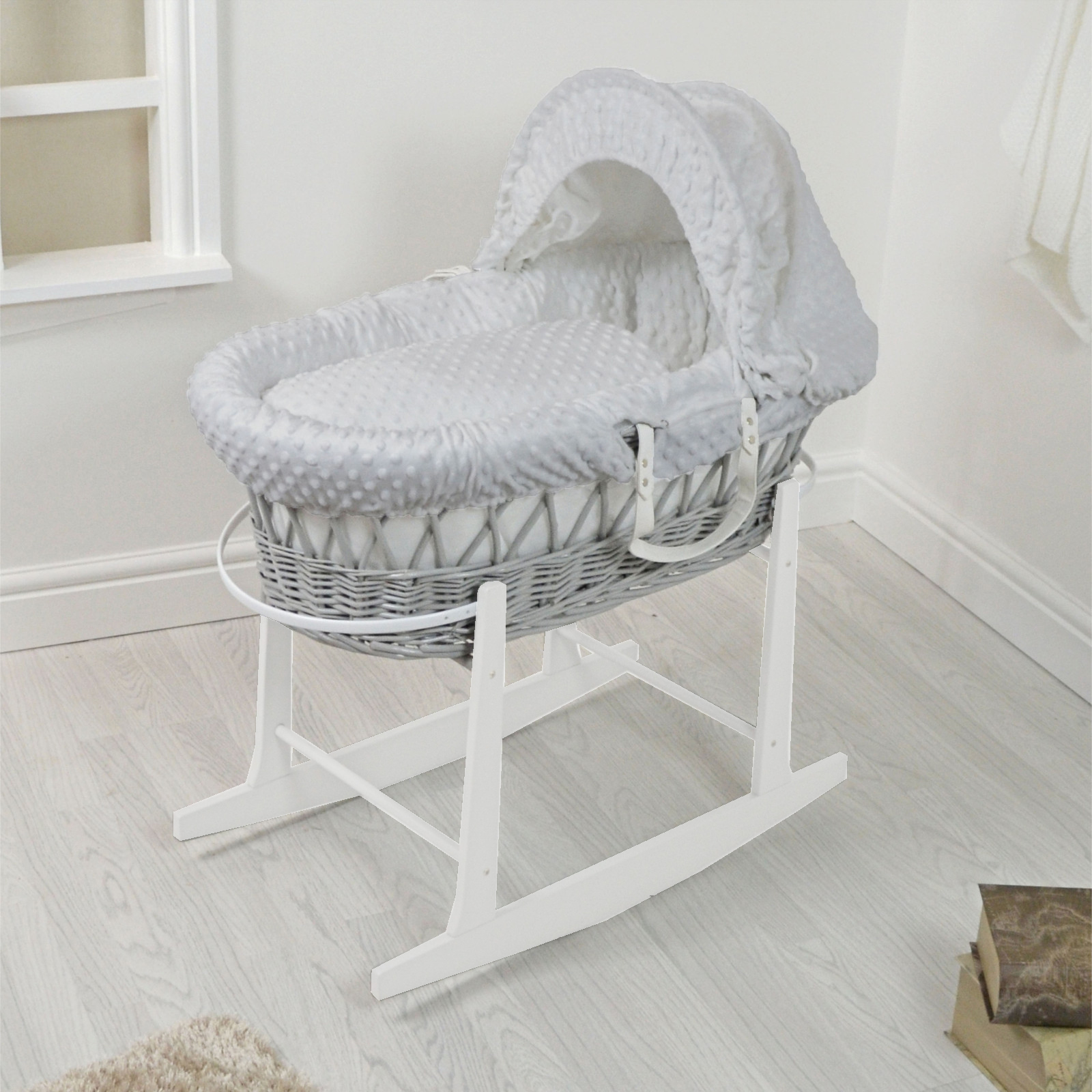 4Baby Padded Grey Wicker Moses Basket & Rocking Stand - Grey Dimple