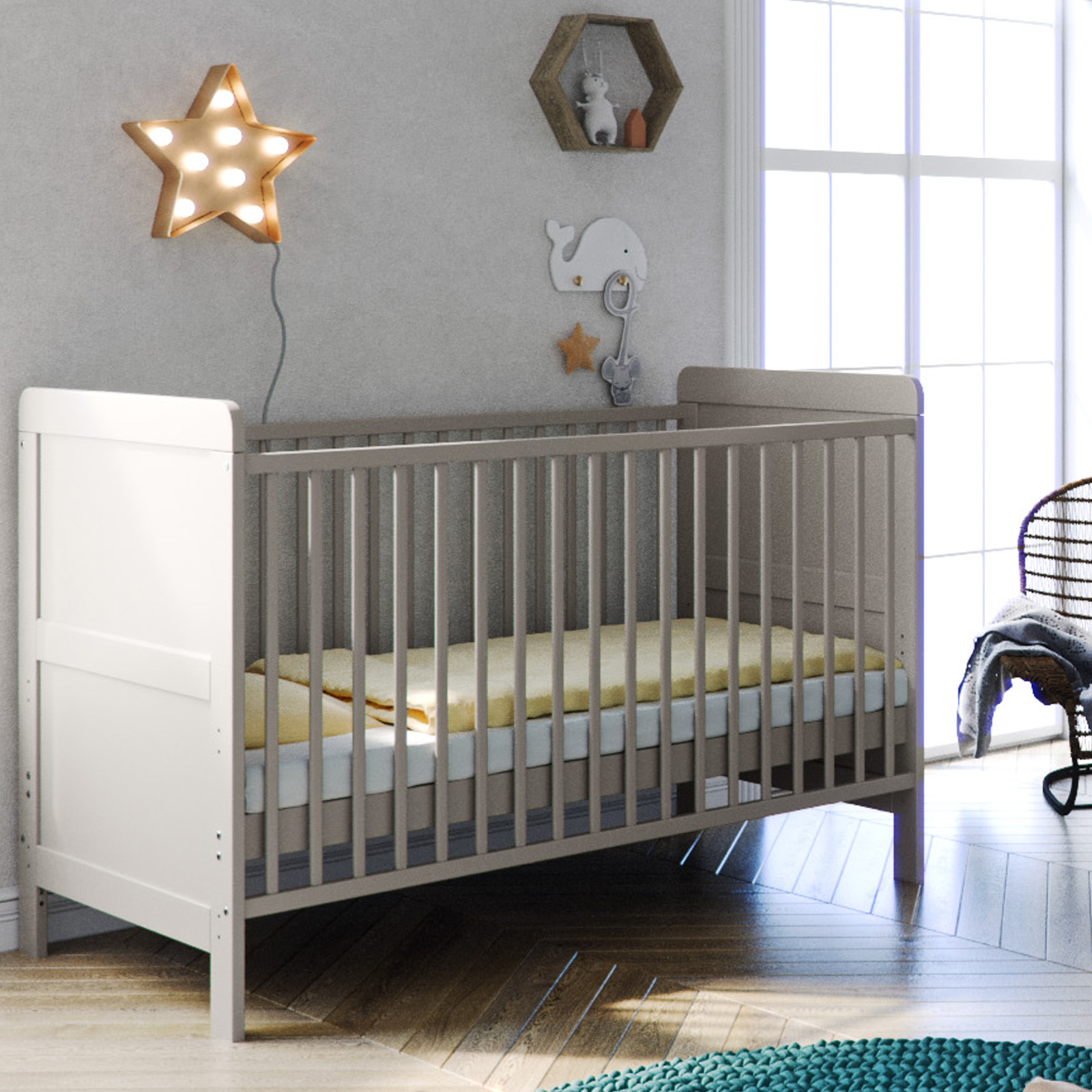 Little Acorns Classic Milano Cot Bed with Deluxe Maxi Mattress - Light Grey