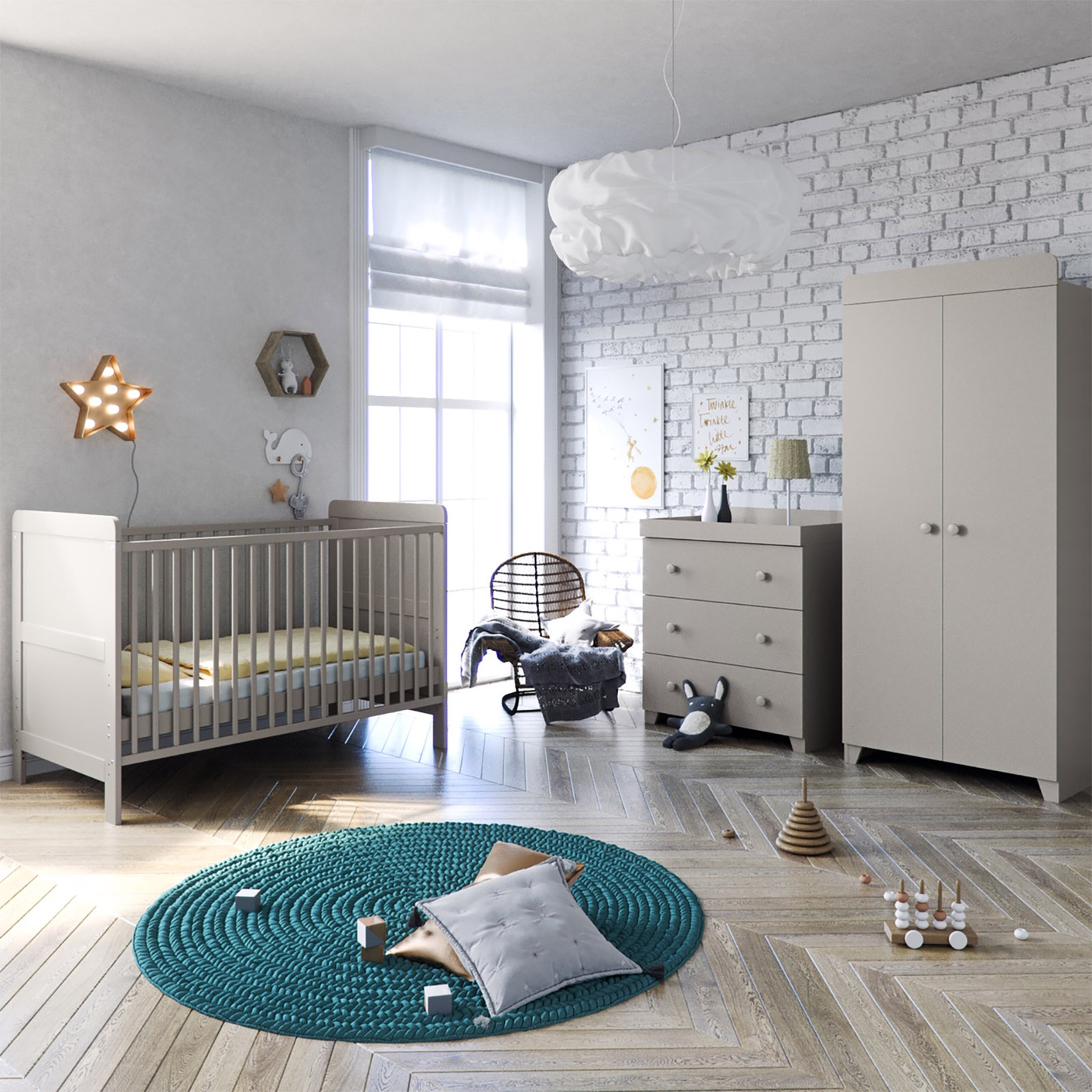 Little Acorns Classic Milano Cot Bed 5 Piece Nursery Furniture Set With Deluxe Fibre Mattress - Light Grey