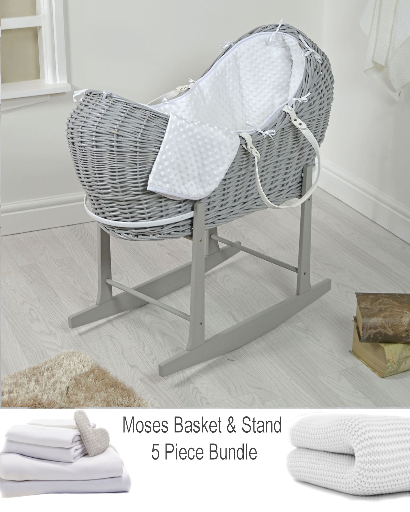 4baby Deluxe 5 Piece Grey Wicker Sleep Pod Moses Basket  - White Dimple