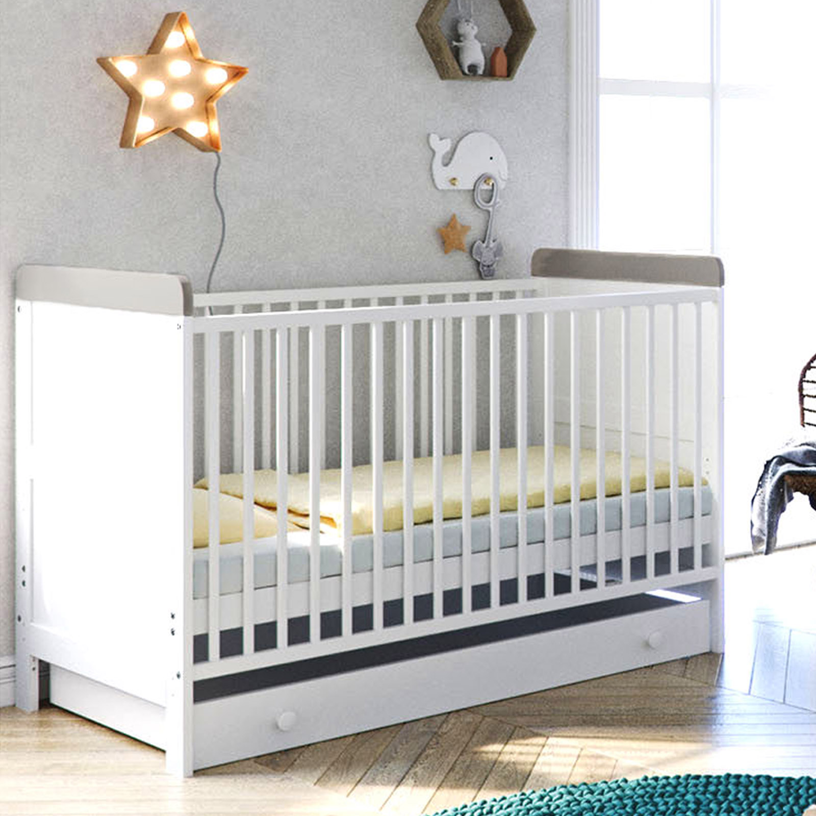 Little Acorns Classic Milano Cot Bed with Deluxe Maxi Mattress - White / Grey