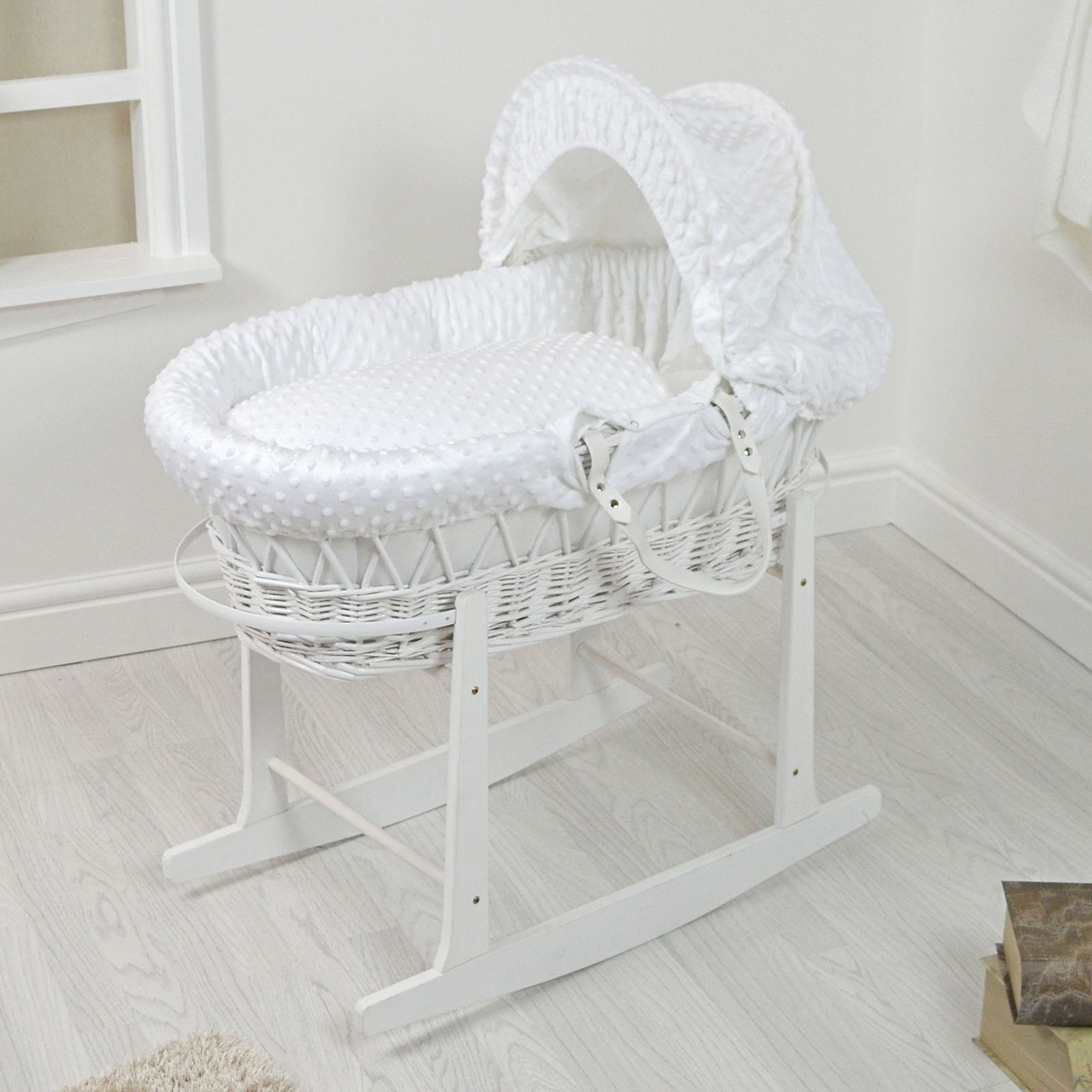 4Baby Padded White Wicker Moses Basket & Rocking Stand - White Dimple
