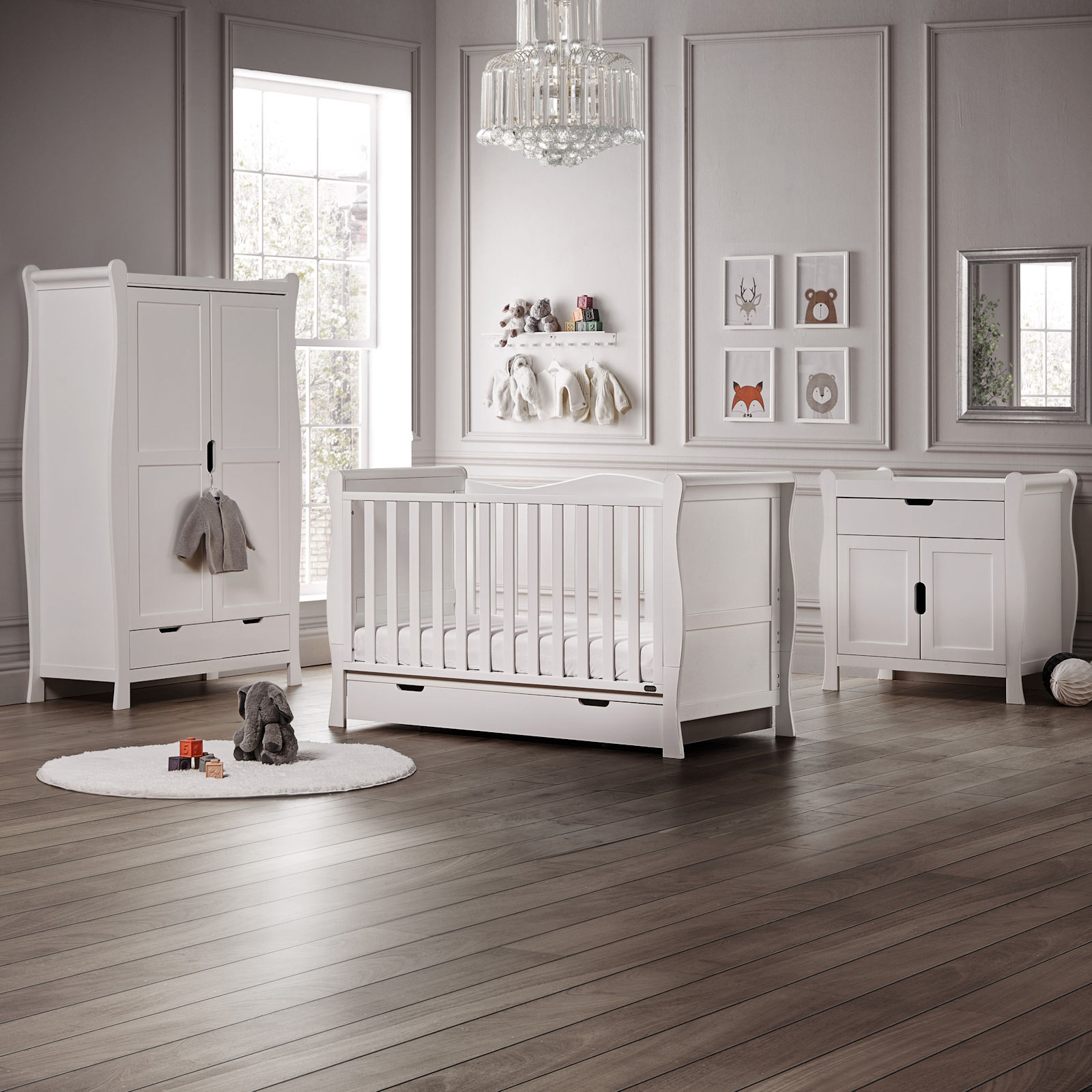 Puggle Prestbury Classic Deluxe Sleigh 6pc Nursery Furniture Set with Drawer & Fibre Mattress - White