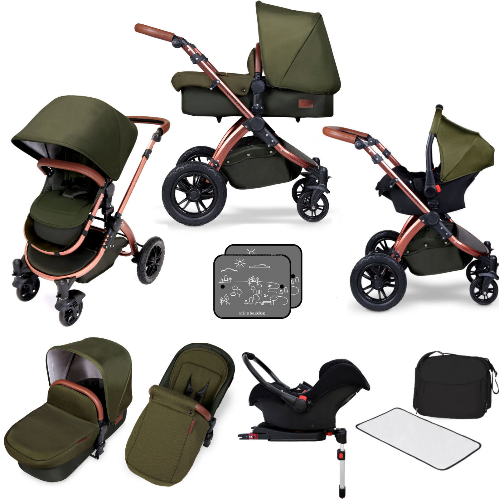 Ickle bubba Special Edition Stomp V4 All In One Travel System & Isofix Base Bundle- Woodland