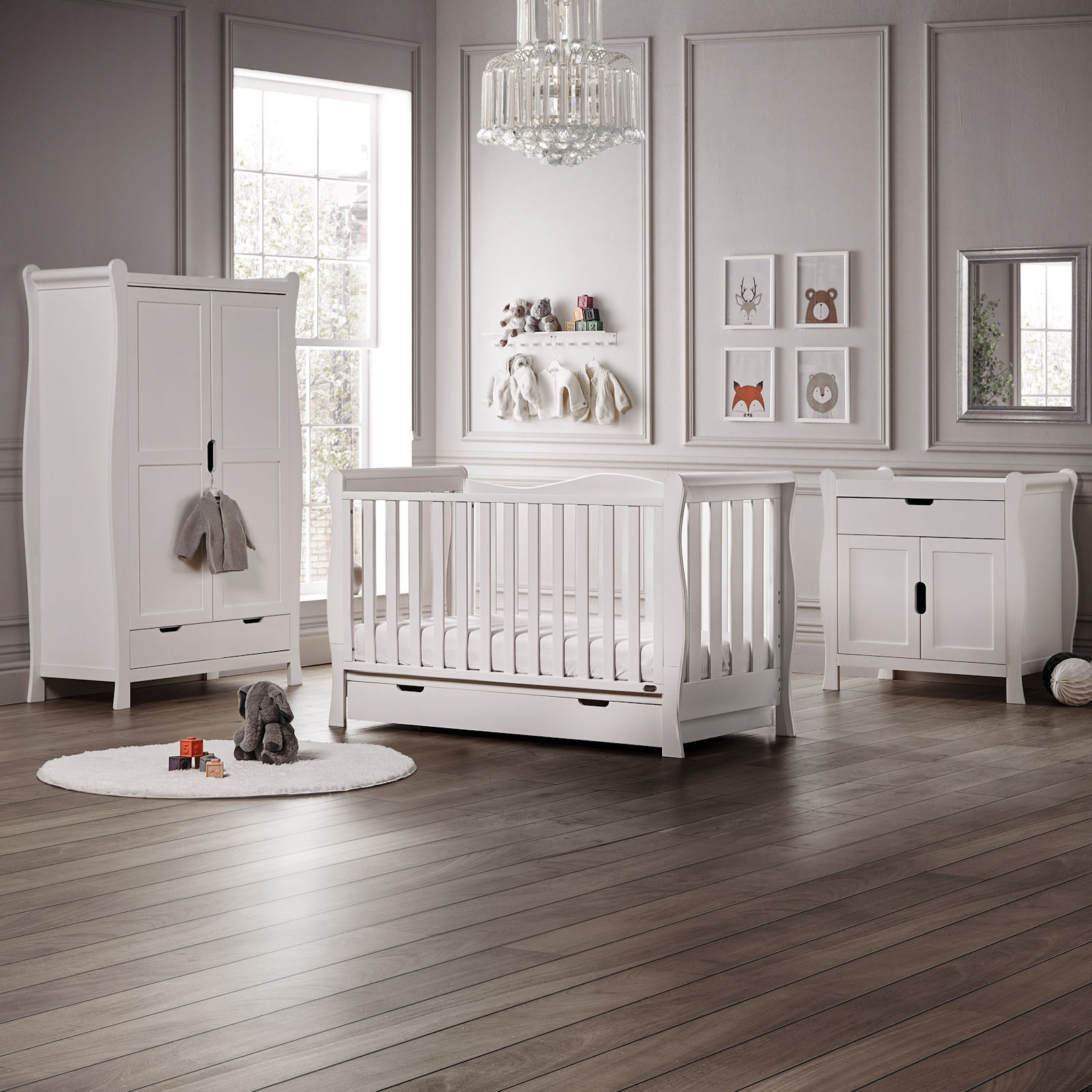Puggle Prestbury Imperial Luxe Sleigh 6pc Nursery Furniture Set with Drawer & Fibre Mattress - White