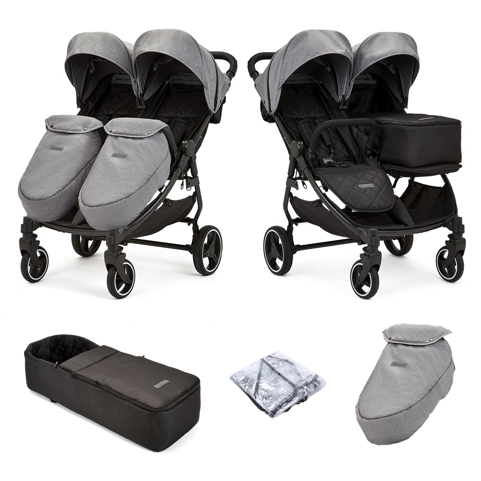 Ickle Bubba Venus Prime Double Pushchair Stroller with Cocoon and Raincover - Grey