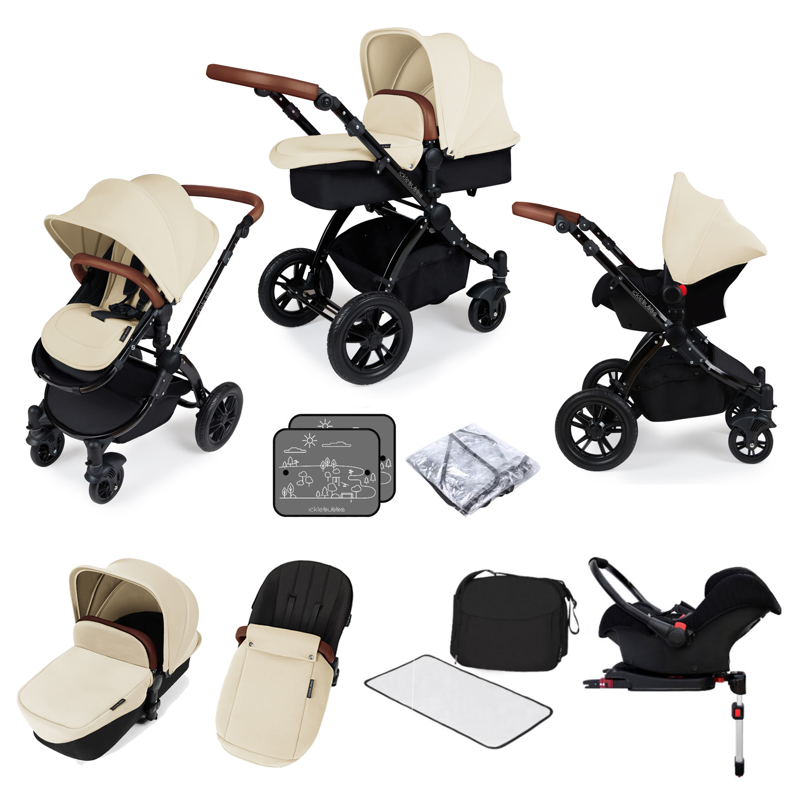 Ickle bubba Stomp V3 Black All In One (Galaxy) 11pc Travel System & Isofix Base Bundle- Sand