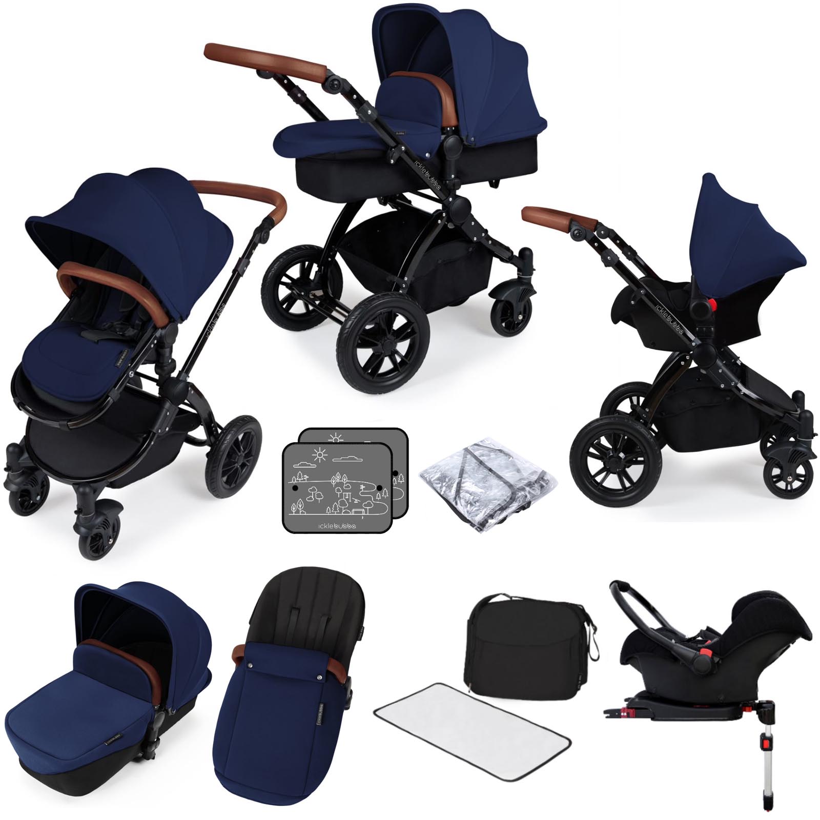 Ickle bubba Stomp V3 Black All In One (Galaxy) 11pc Travel System & Isofix Base - Navy