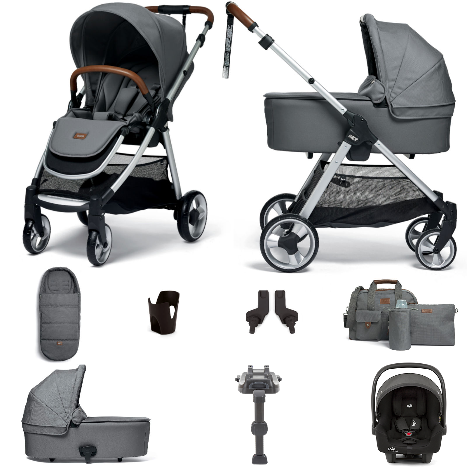 Mamas & Papas Flip XT2 8pc Essentials (i-Size 2 Car Seat) Travel System with Carrycot & ISOFIX Base - Fossil Grey