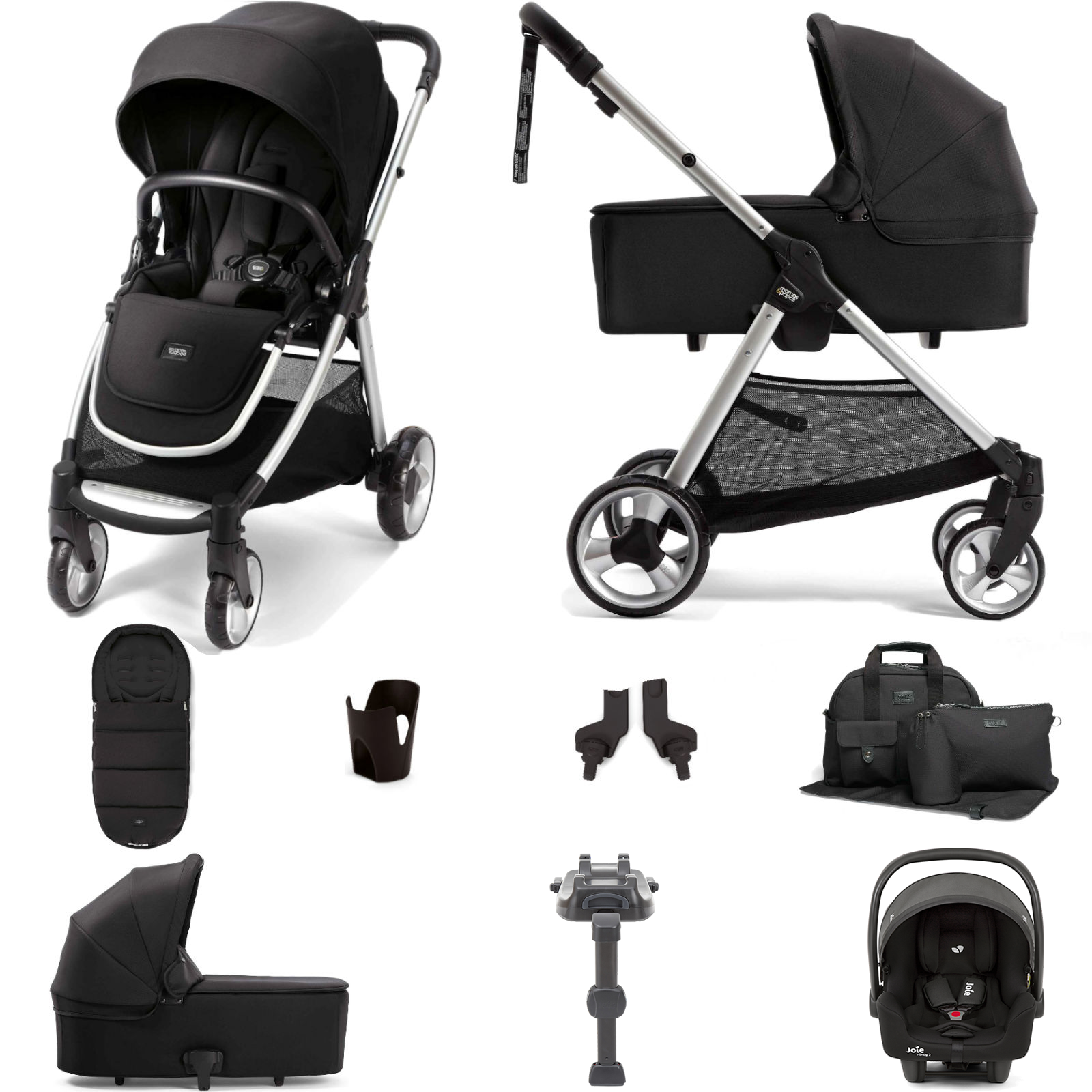 Mamas & Papas Flip XT2 8pc Essentials (i-Size 2 Car Seat) Travel System with Carrycot & ISOFIX Base - Black