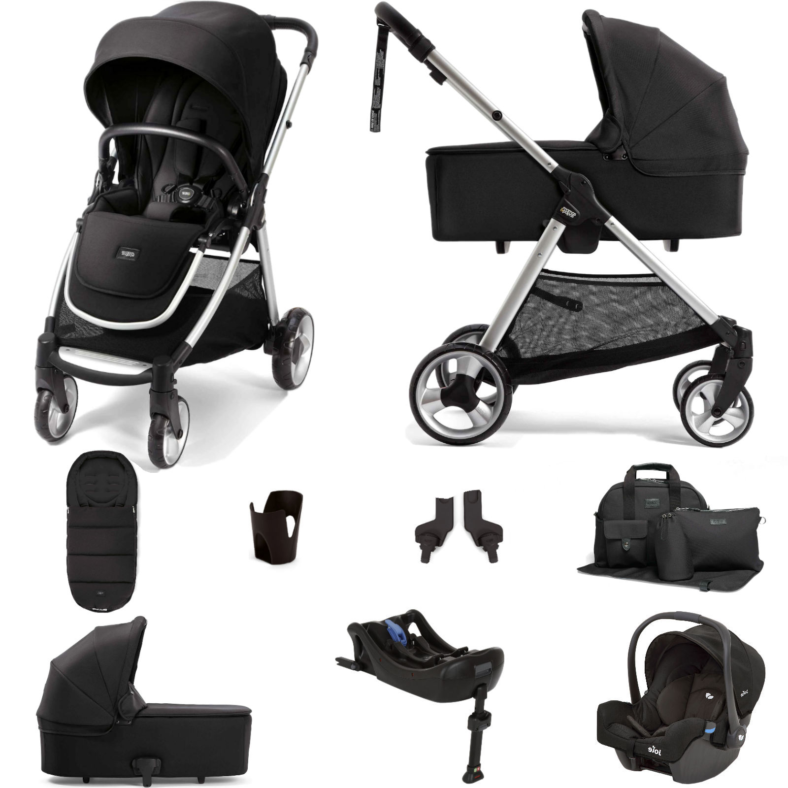 Mamas & Papas Flip XT2 8pc Essentials (Gemm Car Seat) Travel System with Carrycot & ISOFIX Base - Black