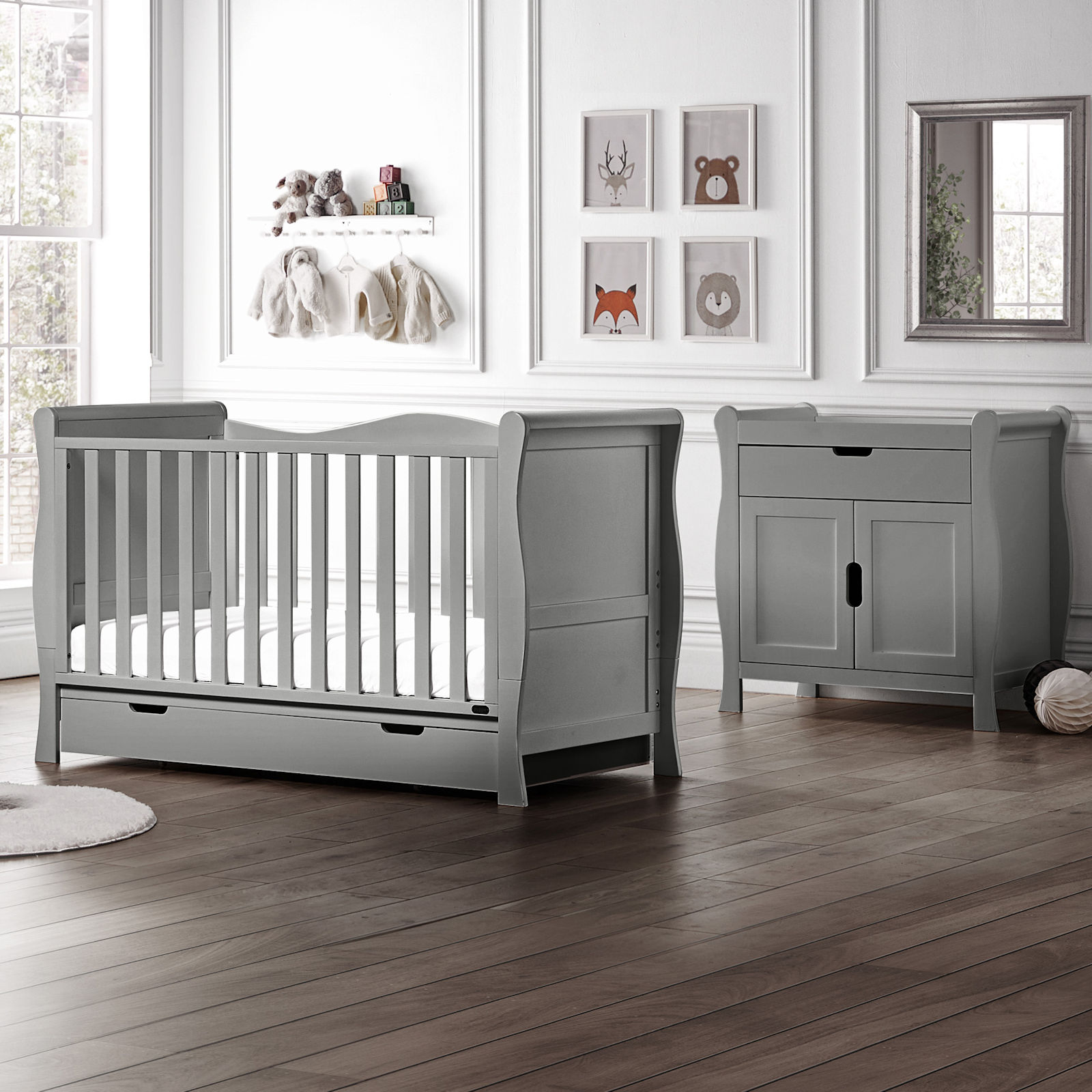 Puggle Prestbury Classic Deluxe Sleigh 5pc Nursery Furniture Set with Drawer & Fibre Mattress - Grey