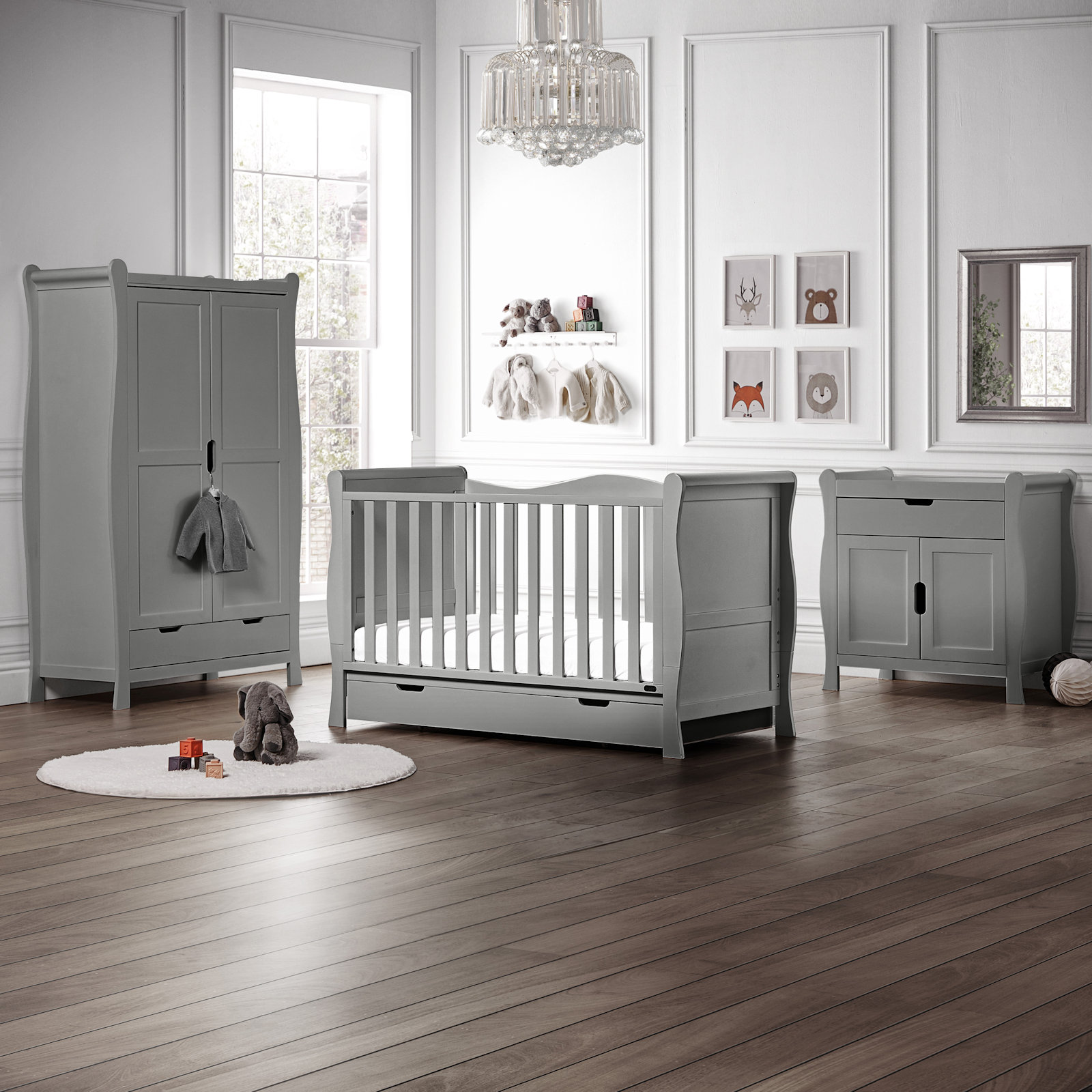 Puggle Prestbury Classic Deluxe Sleigh 6pc Nursery Furniture Set with Drawer & Fibre Mattress - Grey