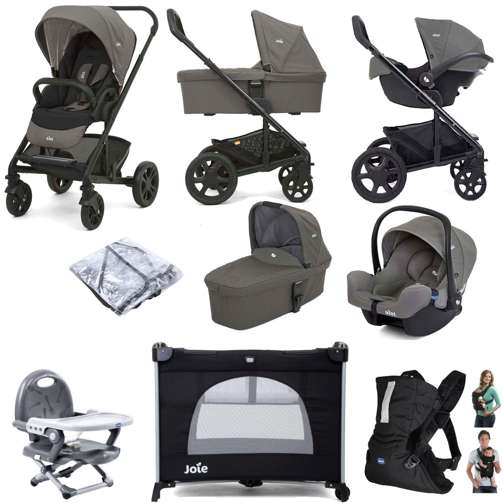 Joie Chrome Trio (I-Snug) Everything You Need Travel System With Carrycot Bundle - Grey