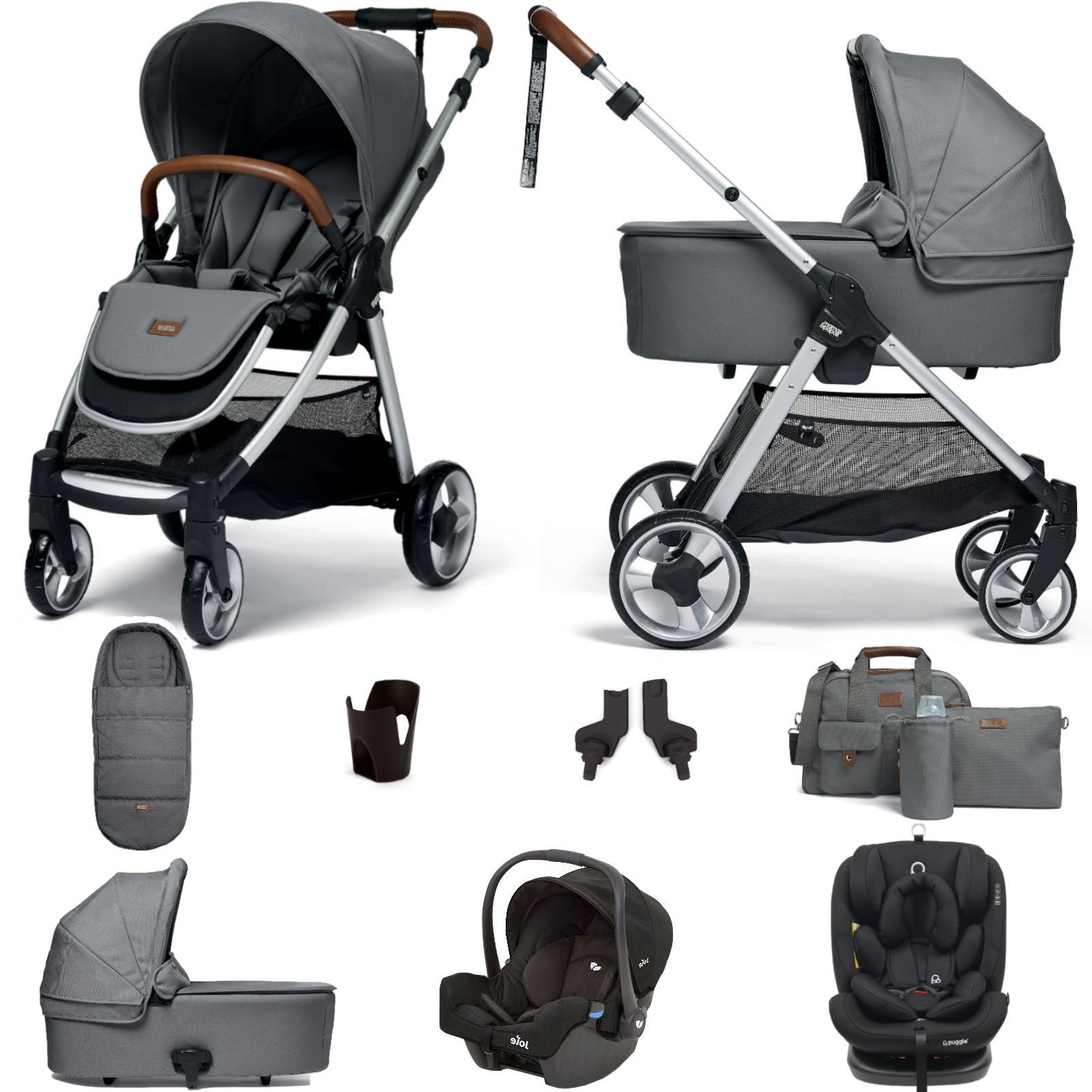 Mamas & Papas Flip XT2 9pc Essentials (Gemm 0+ & Lockton 0+123 Car Seat) Travel System with Carrycot - Fossil Grey