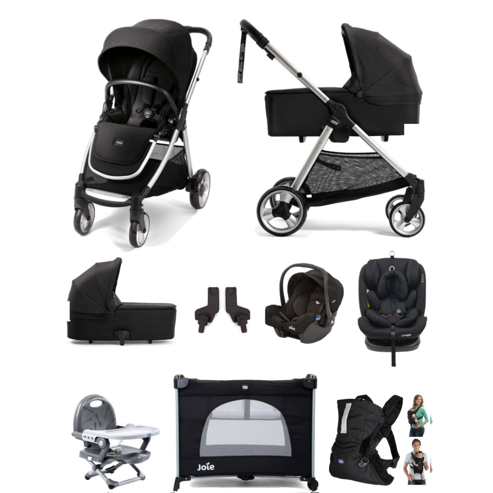 Mamas & Papas Flip XT2 9pc (Gemm 0+ + Lockton 0+123 Car Seat) Everything You Need Travel System Bundle with Carrycot - Black