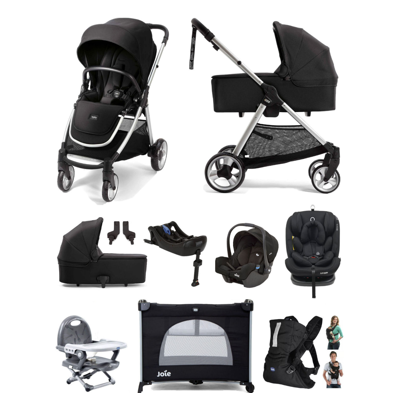 Mamas & Papas Flip XT2 10pc (Gemm 0+ & Lockton 0+123 Car Seat) Everything You Need Travel System Bundle with Carrycot & ISOFIX Base - Black
