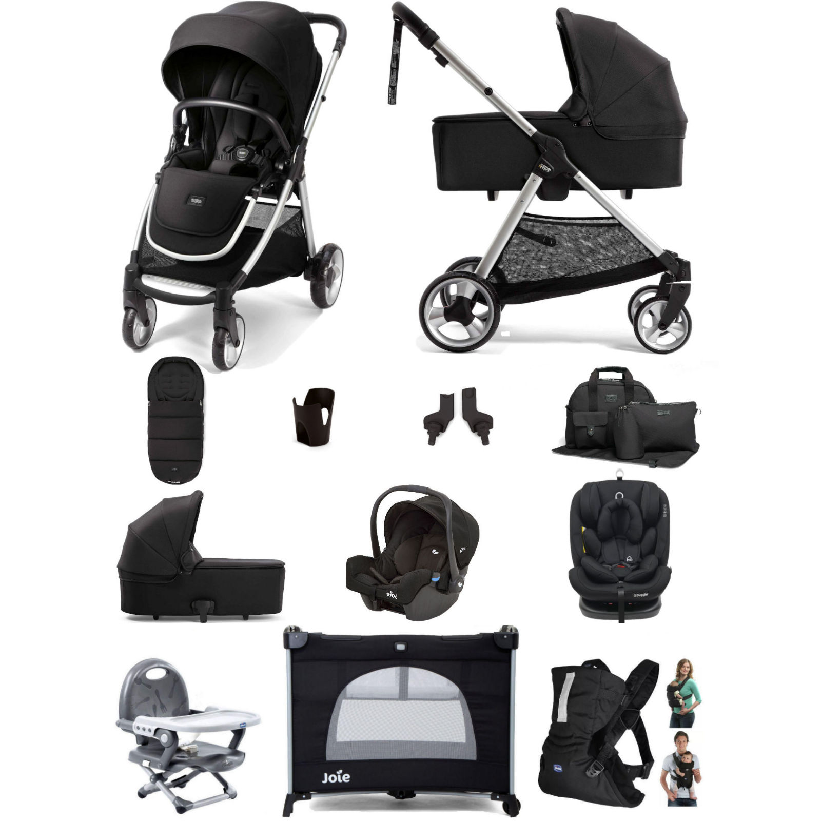 Mamas & Papas Flip XT2 12pc Essentials (Gemm 0+ & Lockton 0+123 Car Seat) Everything You Need Travel System Bundle with Carrycot - Black