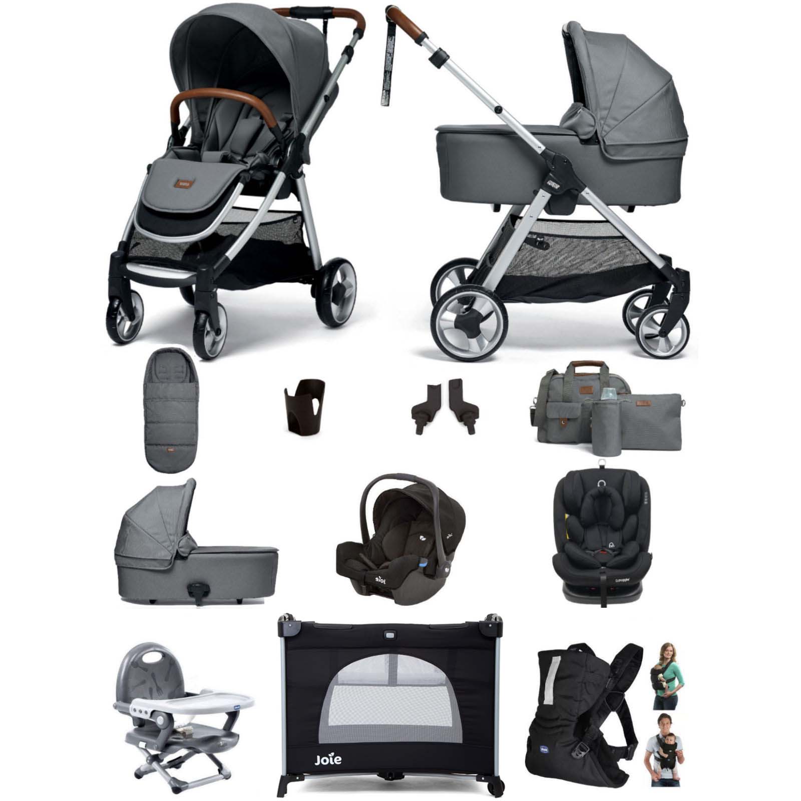Mamas & Papas Flip XT2 12pc Essentials (Gemm 0+ & Lockton 0+123 Car Seat) Everything You Need Travel System Bundle with Carrycot - Fossil Grey