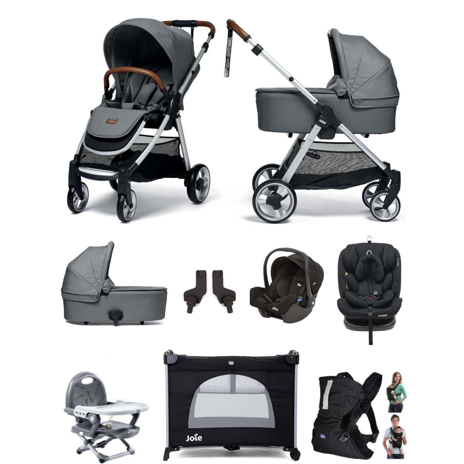 Mamas & Papas Flip XT2 9pc (Gemm 0+ + Lockton 0+123 Car Seat) Everything You Need Travel System Bundle with Carrycot - Fossil Grey